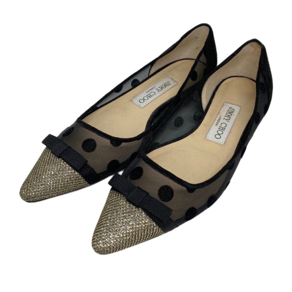 Jimmy Choo Black Polka Mesh Flats with Gold Pointed Toe Caps
